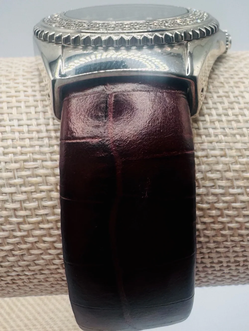 Chico's Black Dial Watch with Silver Crystal Bezel and Brown Strap